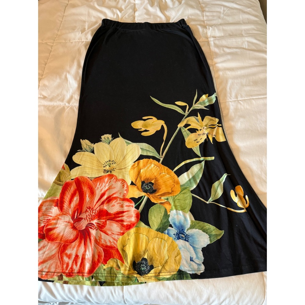 SHEIN Black Floral Print Jersey Maxi Skirt Large Elastic Waist Stretch Boho